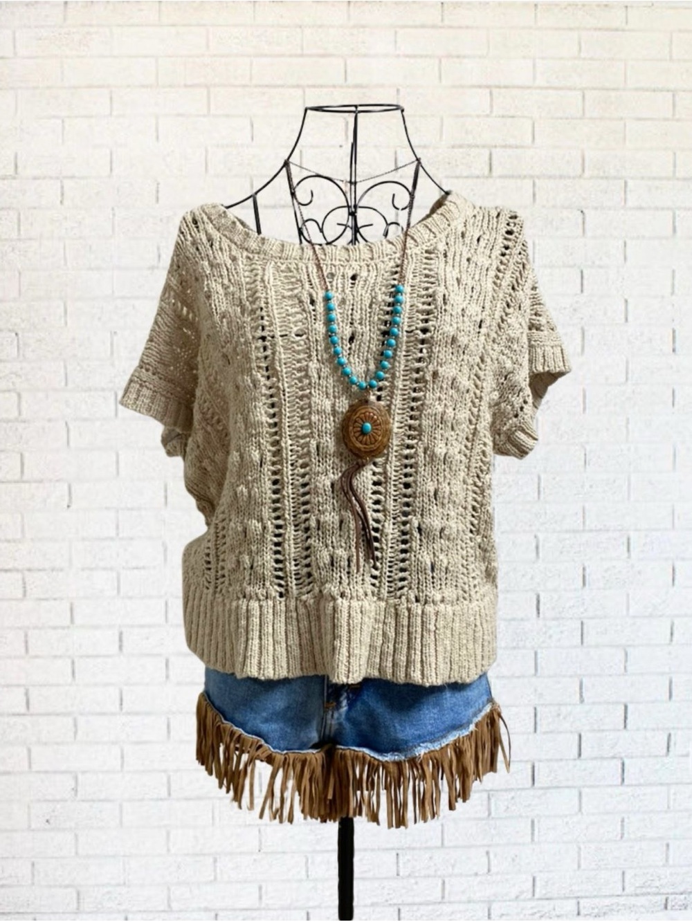 Crochet Tan Brown Forever 21 Sweater Women Medium Boho Bohemian Crocheted Sheer